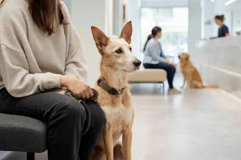 Ein Podengo Medio Hund sitzt ruhig neben seinem Besitzer im hellen Wartezimmer einer modernen Tierarztpraxis.